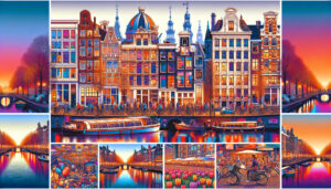 Create an image that captures the essence of Amsterdam, Netherlands, featuring iconic landmarks such as the canals, historic buildings, bicycles, tulip fields, and houseboats. Include lively street sc