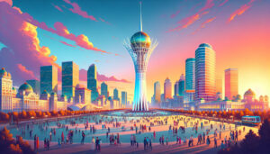 A picturesque view of the futuristic cityscape of Astana, Kazakhstan, showcasing the iconic Bayterek tower at sunset, with locals and tourists enjoying nearby cultural and leisure activities.