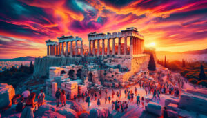 Sunset view of the ancient Acropolis in Athens, Greece, with tourists exploring the historic ruins, vividly colored sky in the background, and traditional Greek architecture in the foreground.