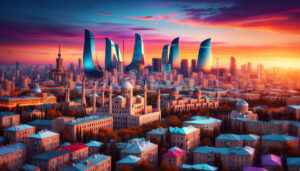 Stunning panoramic view of Baku skyline at sunset, showcasing modern skyscrapers and the ancient Old City, with vibrant cultural elements and traditional Azerbaijani patterns in the foreground.