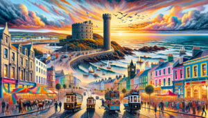 A picturesque collage featuring the landmarks and attractions in Douglas, Isle of Man, showcasing the horse-drawn trams, the Douglas Bay, the Tower of Refuge, and a vibrant cultural event in the stree