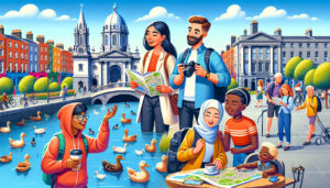 Whimsical digital illustration of tourists exploring the famous landmarks of Dublin, Ireland, including the vibrant Temple Bar district, the historic Trinity College, and the picturesque St. Stephen's