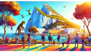 Scenic view of the Rock of Gibraltar with tourists enjoying the view, monkeys playing in the background, and historic buildings visible in the foreground, all under a clear blue sky.