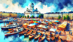 Charming summer view of the bustling Market Square (Kauppatori) in Helsinki, Finland, with tourists enjoying local crafts and food stalls, colorful traditional boats in the harbor, and the iconic Hels