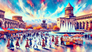 Colorful illustration of famous landmarks and cultural activities in Yerevan, Armenia, featuring the Cascade complex, Republic Square, traditional Armenian dance performers, and local street food vend