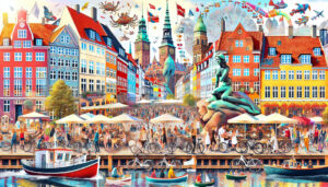 A vibrant collage showcasing famous attractions of Copenhagen, Denmark, featuring the colorful buildings of Nyhavn, the iconic Little Mermaid statue, cyclists on the streets, cozy cafés, and the Tivol