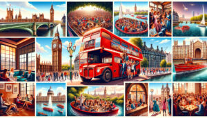 An artistic and vibrant collage of London's top landmarks and activities, showcasing the iconic Big Ben, a traditional red double-decker bus, people enjoying a boat ride on the Thames, a cozy scene in