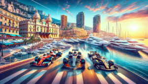 Create an illustration showcasing the luxurious and iconic sights and activities in Monte Carlo, Monaco. Include the stunning Monte Carlo Casino, the glamorous yachts in the marina, the sleek Formula