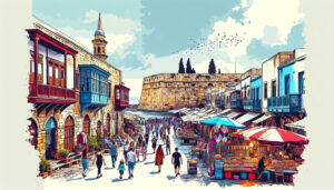 Scenic view of the Venetian walls in old town Nicosia, Cyprus, bustling with tourists exploring historical sites and local street markets under a bright, sunny sky.