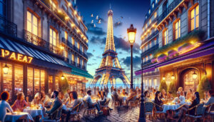 An enchanting evening view of the Eiffel Tower illuminated with golden lights, with a foreground of vibrant Parisian street cafes bustling with people enjoying coffee, under a twilight sky.