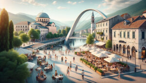 A vibrant street scene in Podgorica, Montenegro with iconic landmarks, local cafes, and people enjoying outdoor activities. Show Millennium Bridge spanning over the Morača River, people exploring the