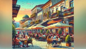 Peaceful summer afternoon in the vibrant streets of Pristina, Kosovo, showcasing a blend of traditional and modern architecture, lively cafes, and locals enjoying the day.