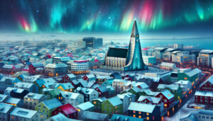 Panoramic view of Reykjavik, Iceland with the iconic Hallgrimskirkja church in the foreground and colorful Nordic houses, under the mystical Northern Lights in a clear night sky.