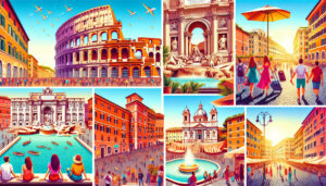 Vibrant digital artwork showcasing iconic landmarks of Rome, Italy, including the Colosseum, Trevi Fountain, and Spanish Steps, with tourists enjoying sunny weather.