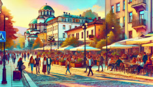 Digital artwork of a bustling street scene in Sofia, Bulgaria, showcasing iconic historical landmarks, vibrant local cafes, and pedestrians of diverse backgrounds enjoying a sunny day.