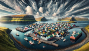 Panoramic view of Thorshavn, Faroe Islands, featuring colorful traditional houses, a bustling harbor with boats, and rugged coastal landscapes in the background, under a dramatic cloudy sky.