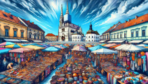 Colorful artistic depiction of a bustling market in Zagreb, Croatia, featuring traditional Croatian stalls, tourists exploring local crafts, and the iconic Zagreb Cathedral in the background under a b