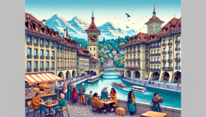 Create an illustration depicting the vibrant and picturesque city of Bern, Switzerland. Highlight iconic landmarks such as the Zytglogge clock tower, the Federal Palace, and the Bear Park. Include ele