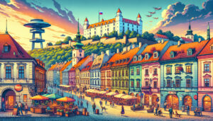 Create an image of a picturesque view of Bratislava, Slovakia, showcasing its historic landmarks and vibrant culture. Include iconic locations such as Bratislava Castle perched on a hill, the UFO Towe