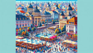 Create an illustration showcasing the vibrant city of Bucharest, Romania. Include iconic landmarks like the Palace of the Parliament, the Romanian Athenaeum, and the Stavropoleos Monastery. Show bustl