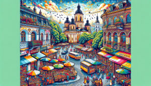 A vibrant street scene of Chișinău, Moldova, showcasing local attractions: the Nativity Cathedral with its iconic bell tower, bustling local markets with traditional Moldovan crafts and produce, lush