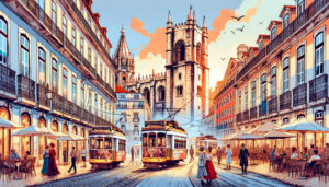 Create an artistic illustration showcasing famous landmarks and activities to do in Lisbon, Portugal, including the Belem Tower, Jerónimos Monastery, historic trams navigating narrow streets, a view o