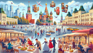 Create an illustration showcasing a collage of famous landmarks and activities in Moscow, Russia. Include iconic sites such as the Red Square, Saint Basil's Cathedral, the Kremlin, and the Bolshoi The