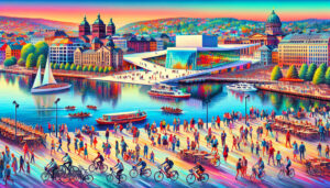 Create a vibrant and detailed image of Oslo, Norway, featuring iconic landmarks such as the Oslo Opera House, Vigeland Sculpture Park, and the Akershus Fortress. Include people enjoying various activi