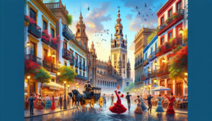 Create an image of the vibrant city of Seville, Spain, showcasing its iconic landmarks such as the Seville Cathedral, the Giralda Tower, Plaza de España, and the Alcázar palace. Include scenes of flam