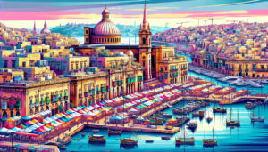 Create an image depicting the vibrant city of Valletta, Malta, showcasing its historic architecture, bustling markets, and stunning harbor. Include iconic landmarks like St. John's Co-Cathedral, the G