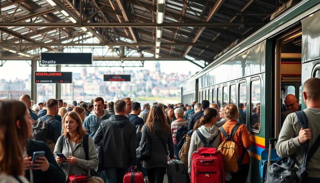 Rejsende på jernbanestation